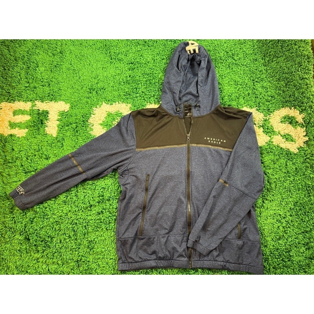 American Eagle Zip Up Hoodie Mens XL Blue Green Excellent USA Graphic Reflective